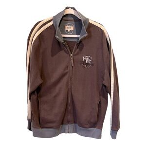 Mens Zip up cotton jacket. Brown with cream‎ stripes down arm. Size XL